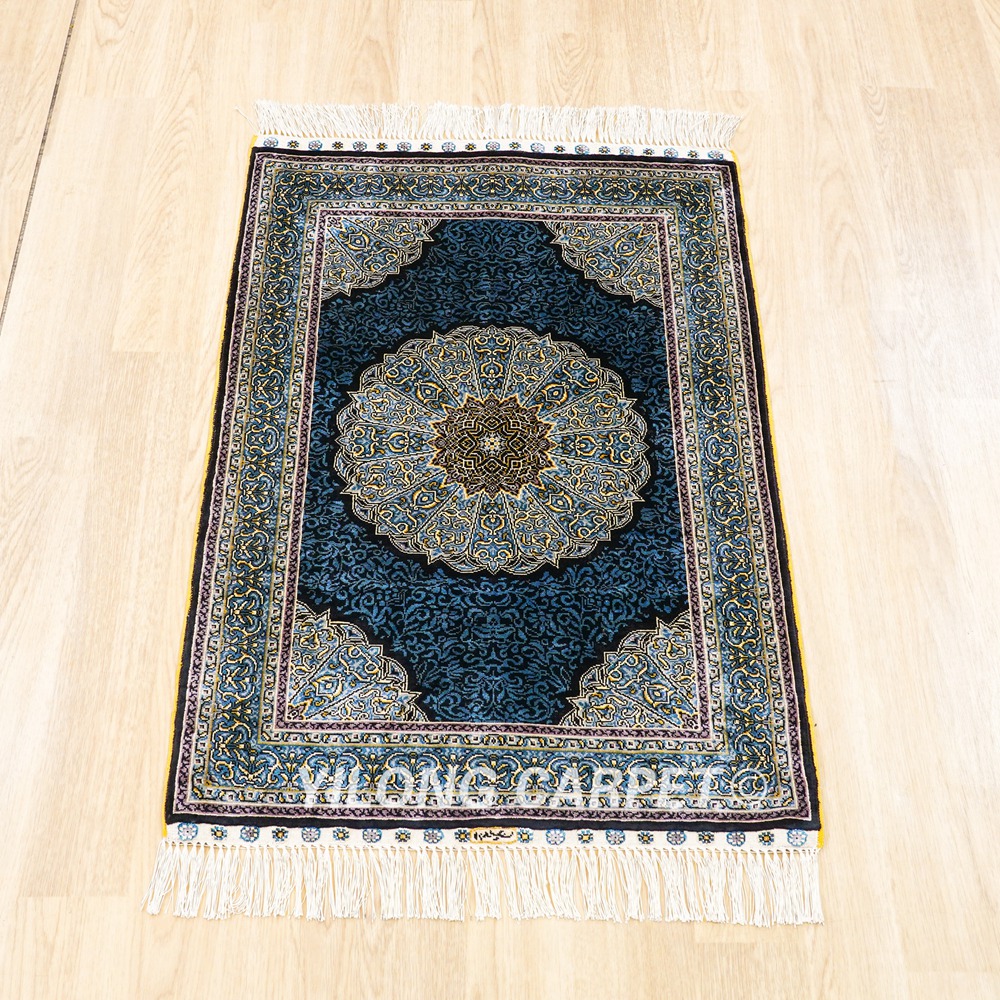 Blue Turkish Rug Oriental Hand Knotted Silk Rug 2x3ft - Image 4