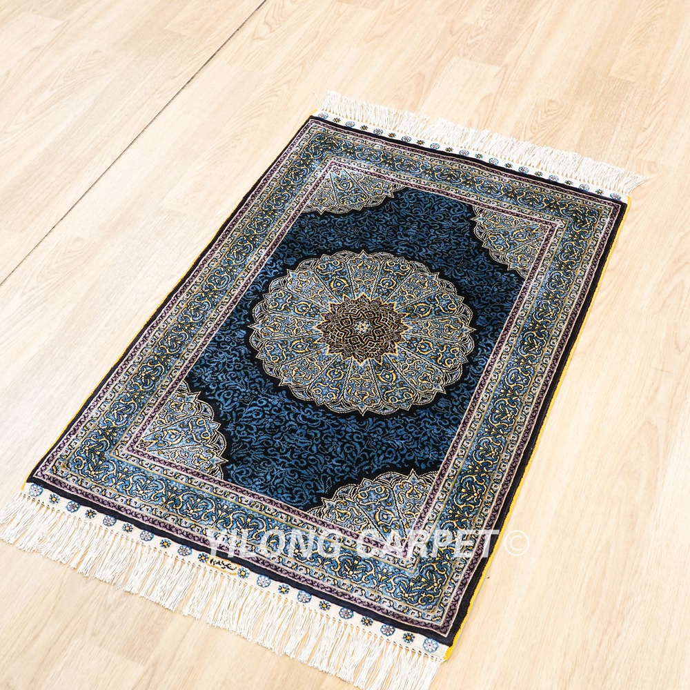 Blue Turkish Rug Oriental Hand Knotted Silk Rug 2x3ft - Image 5