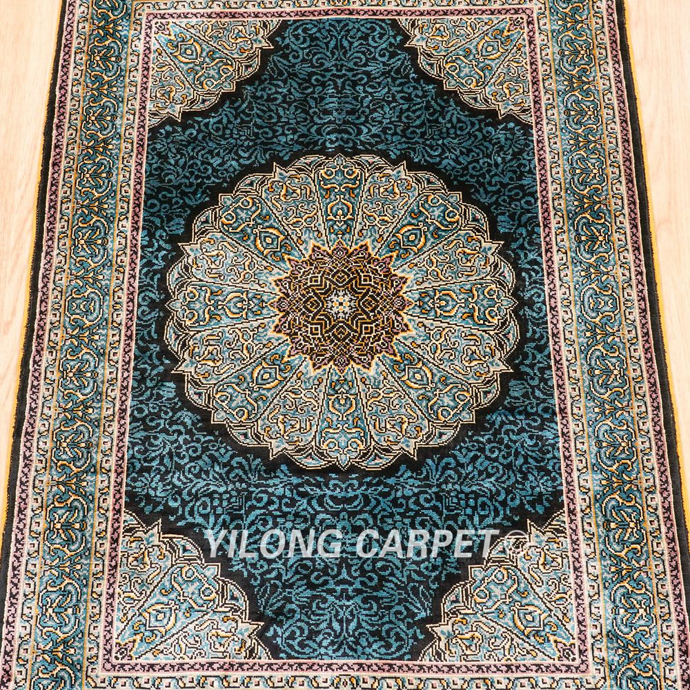 Blue Turkish Rug Oriental Hand Knotted Silk Rug 2x3ft - Image 8