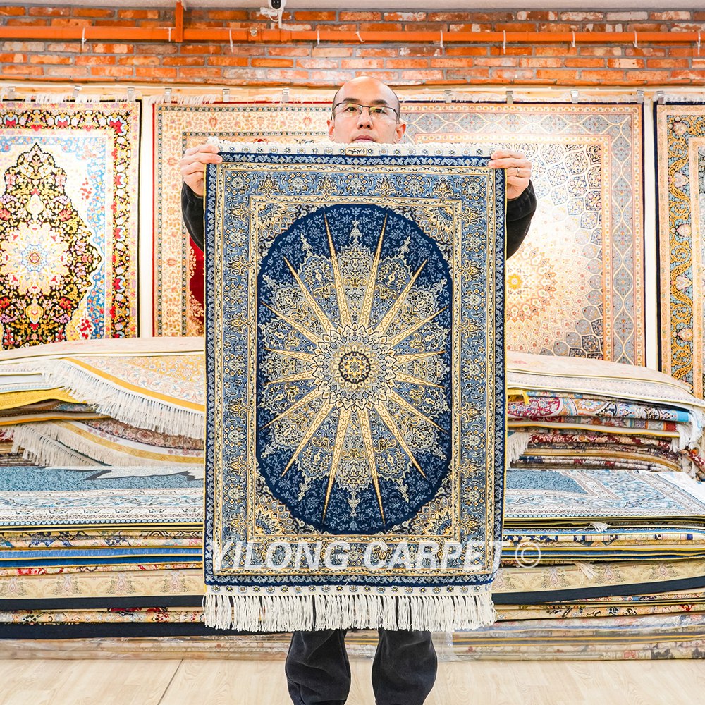 Turkish Rug Oriental Hand Knotted Blue Silk Rug 2x3ft