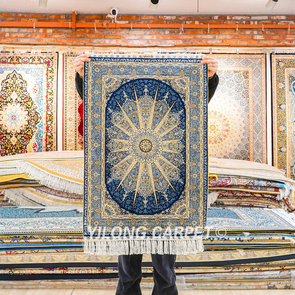 Turkish Rug Oriental Hand Knotted Blue Silk Rug 2x3ft - Image 3