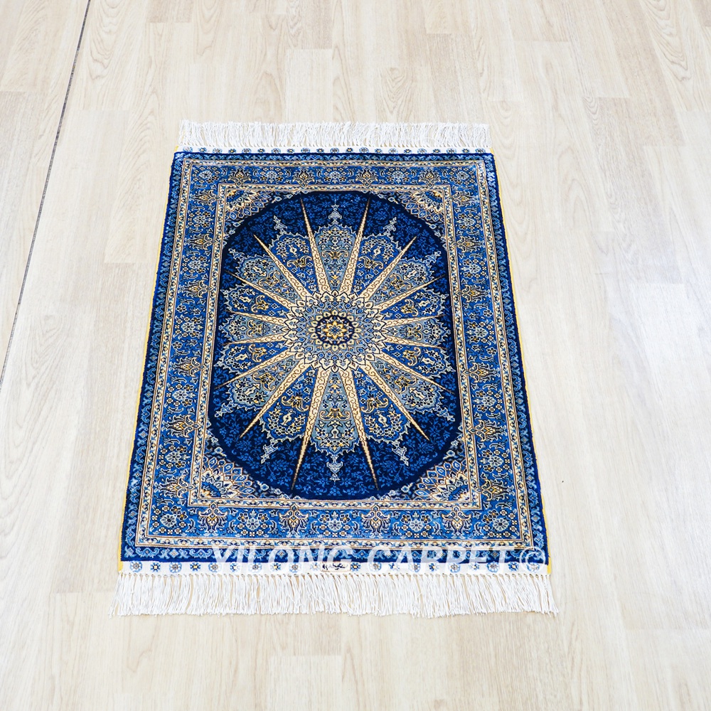 Turkish Rug Oriental Hand Knotted Blue Silk Rug 2x3ft - Image 4