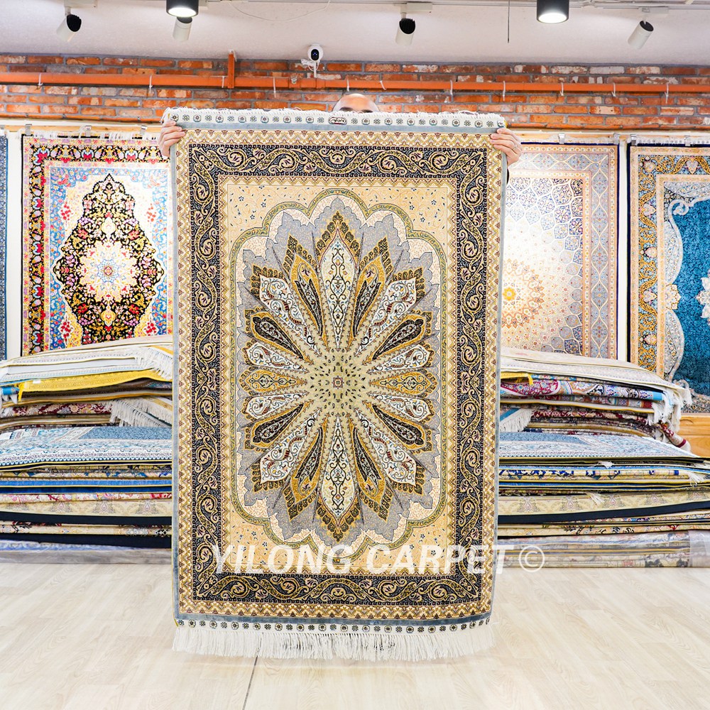 Grey Peacock Design Handmade Turkish Silk Small Rug 3x4.5ft