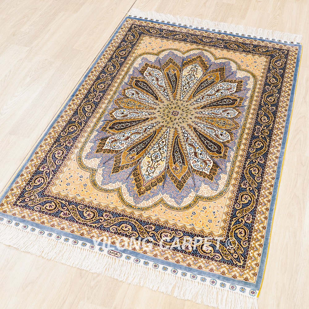 Grey Peacock Design Handmade Turkish Silk Small Rug 3x4.5ft - Image 5