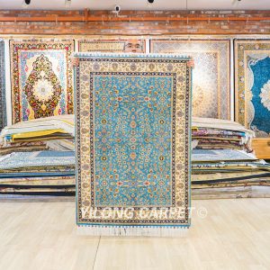 Turkish Rug Blue Seven Hill Flower Oriental Silk Hand Knotted Rug 3x4.5ft