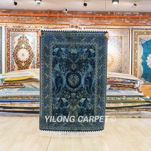 Blue Turkish Rug Oriental Silk Hand Knotted Rug 3x4.5ft