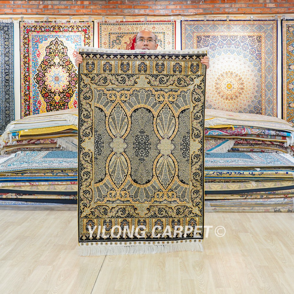 Golden Turkish Handmade Silk Small Rug 3x4.5ft