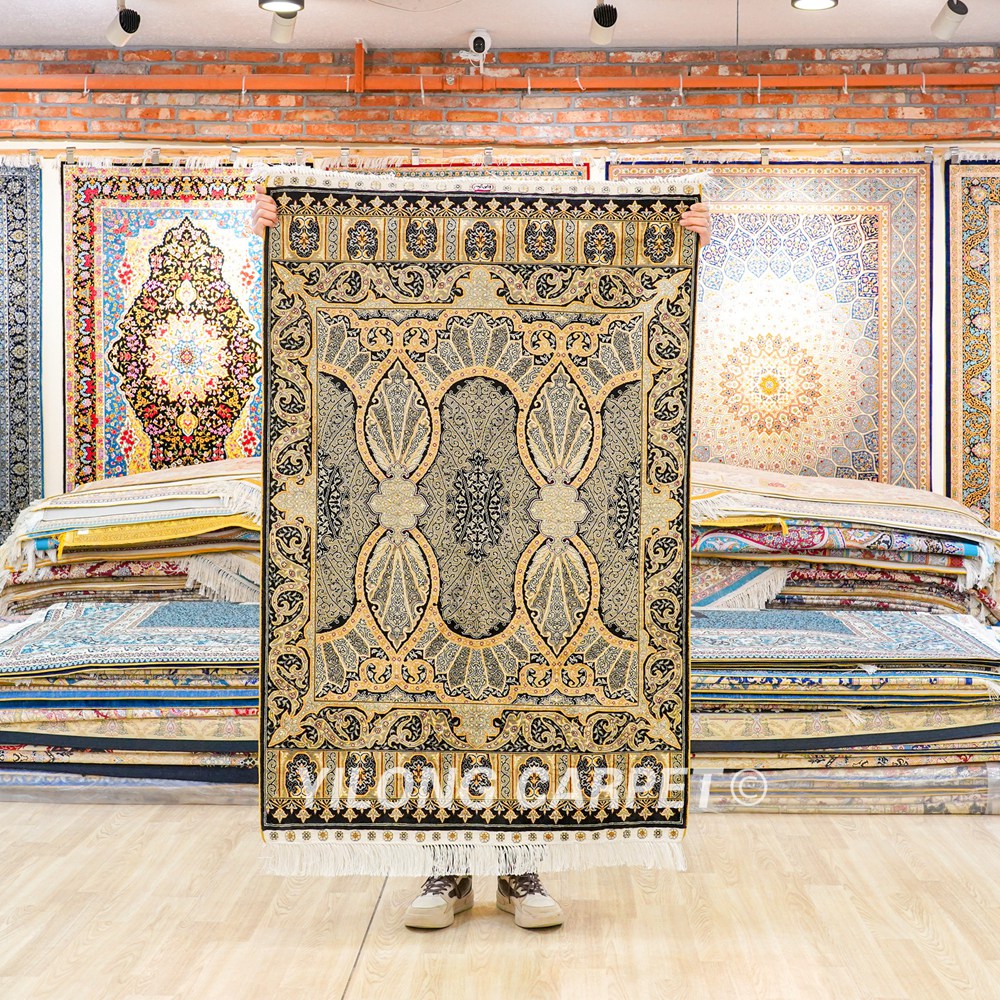 Golden Turkish Handmade Silk Small Rug 3x4.5ft - Image 3