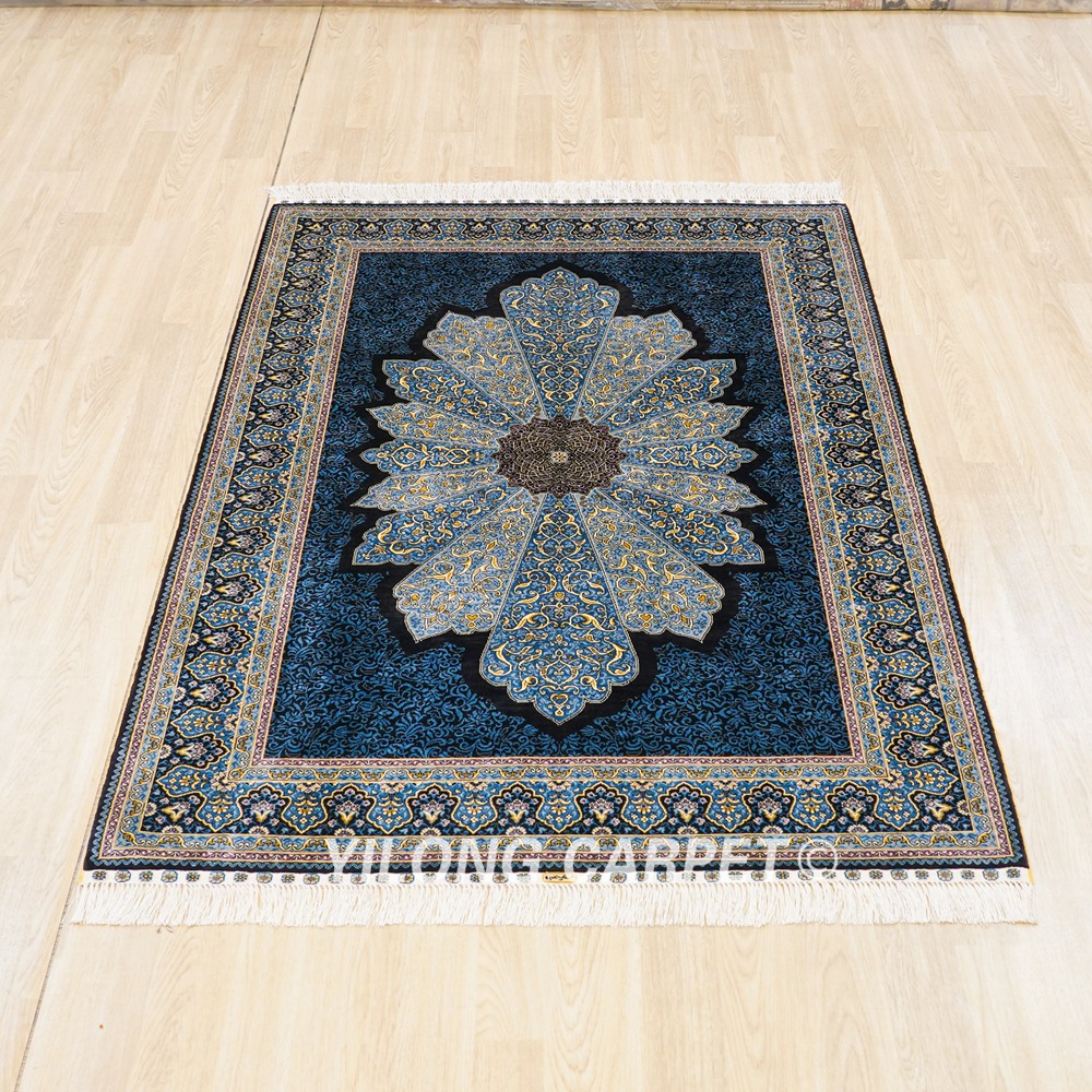 Turkish Rug Blue Sultan Design Oriental Handmade Area Silk Rug 4x6ft - Image 4