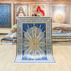 Turkish Silk Rug Blue Oriental Handmade Area Silk Rug 4x6ft