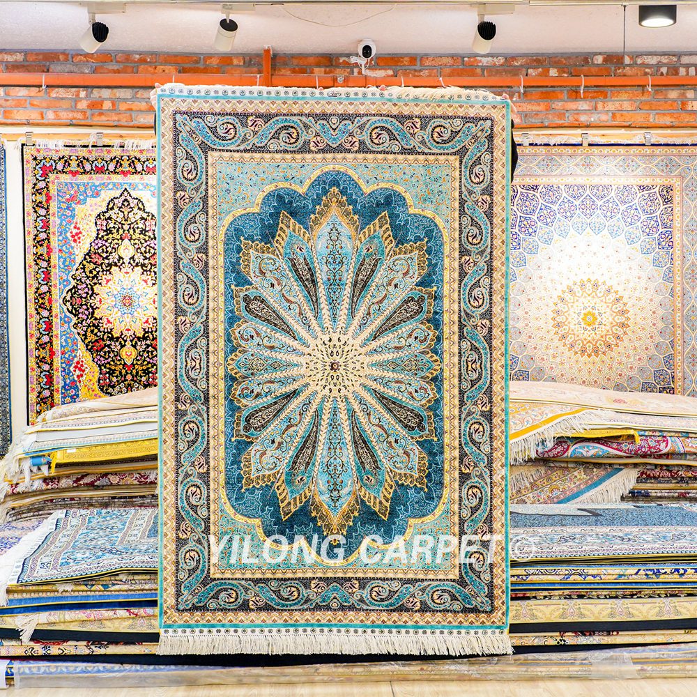 Turkish Rug Blue Peacock Design Oriental Handmade Area Silk Rug 4x6ft - Image 3