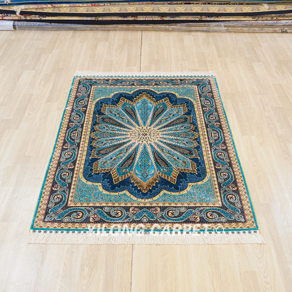 Turkish Rug Blue Peacock Design Oriental Handmade Area Silk Rug 4x6ft - Image 4