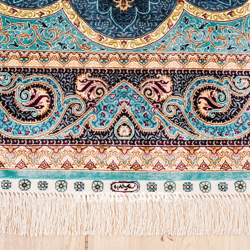 Turkish Rug Blue Peacock Design Oriental Handmade Area Silk Rug 4x6ft - Image 5