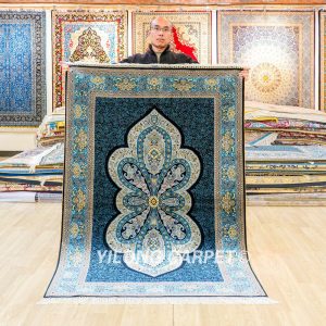 Turkish Rug Blue Oriental Handmade Area Silk Rug 4x6ft