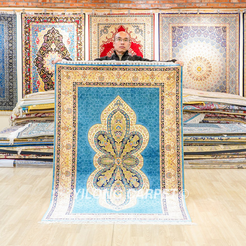 Turkish Rug Light Blue Oriental Handmade Area Silk Rug 4x6ft