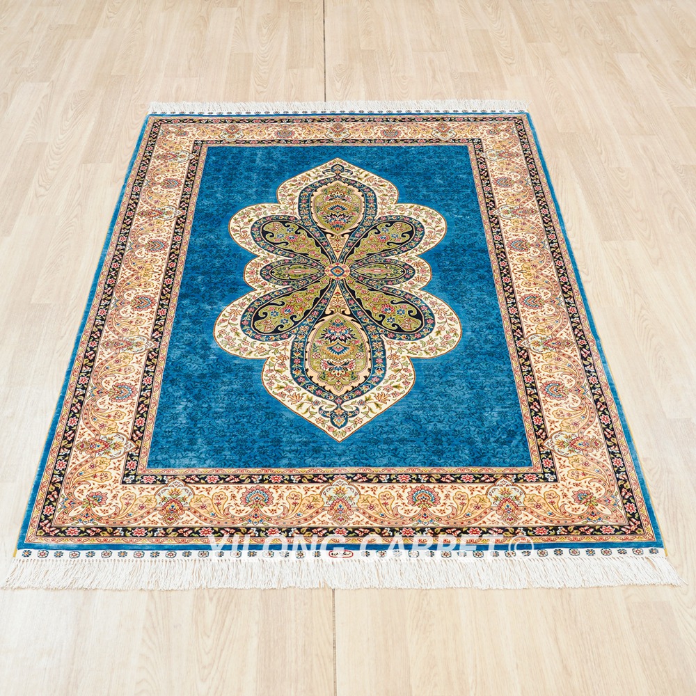 Turkish Rug Light Blue Oriental Handmade Area Silk Rug 4x6ft - Image 4
