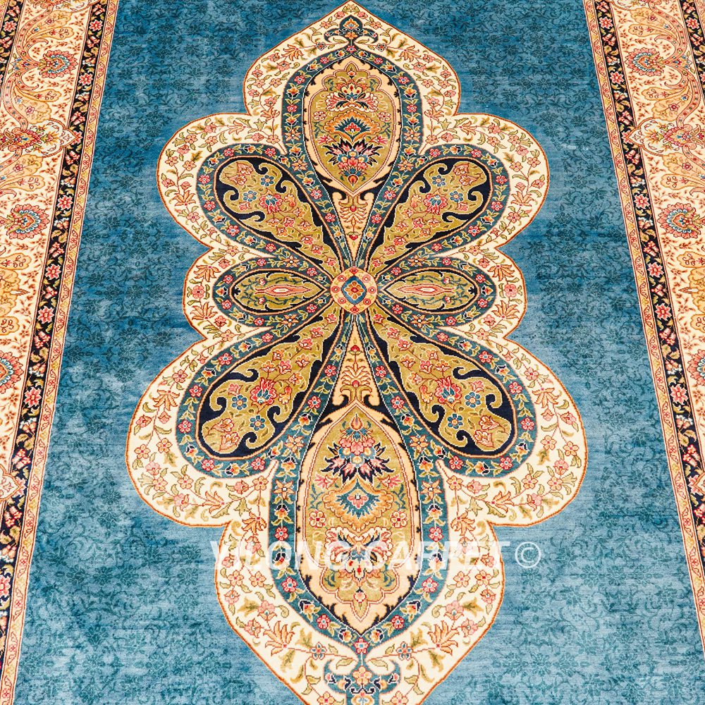 Turkish Rug Light Blue Oriental Handmade Area Silk Rug 4x6ft - Image 5
