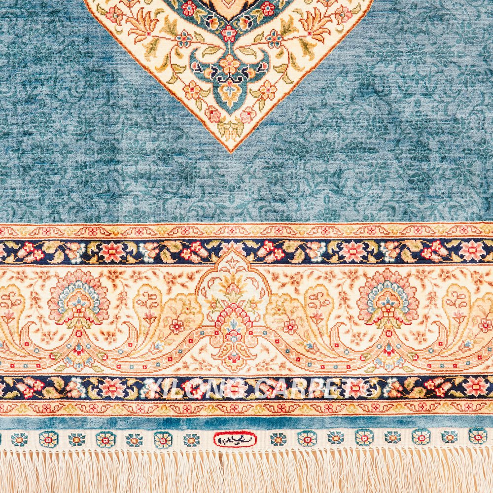 Turkish Rug Light Blue Oriental Handmade Area Silk Rug 4x6ft - Image 6