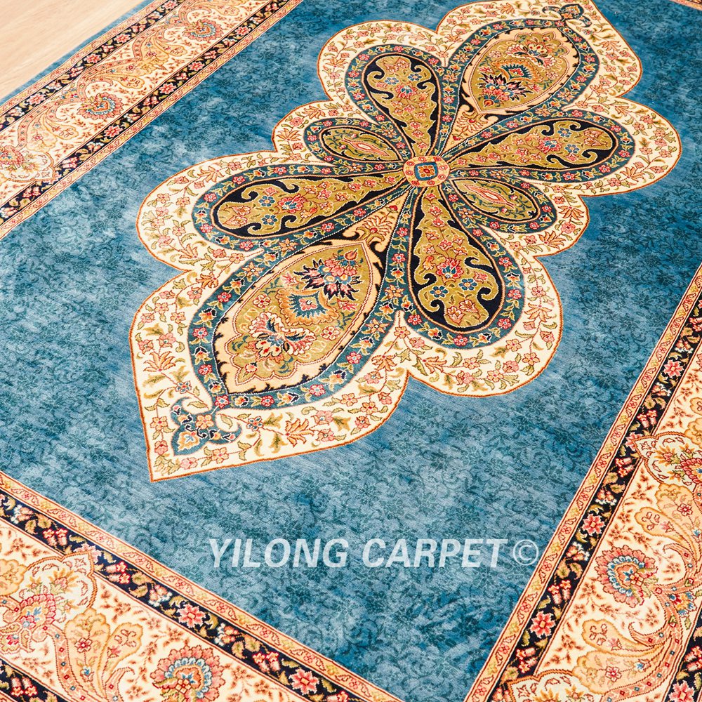 Turkish Rug Light Blue Oriental Handmade Area Silk Rug 4x6ft - Image 7