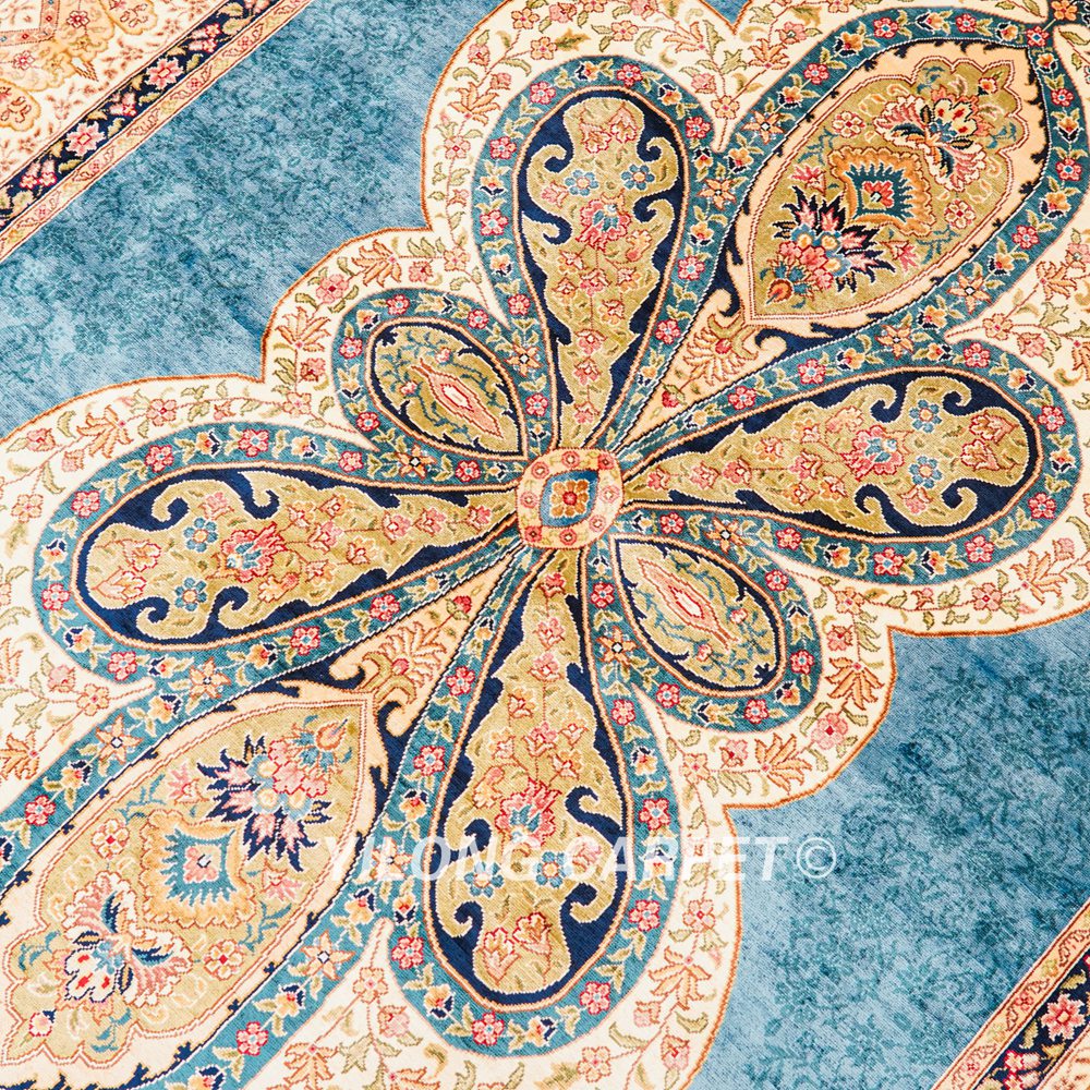 Turkish Rug Light Blue Oriental Handmade Area Silk Rug 4x6ft - Image 8