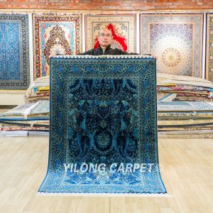 Turkish Silk Rug Blue Oriental Handmade Area Silk Rug 4x6ft
