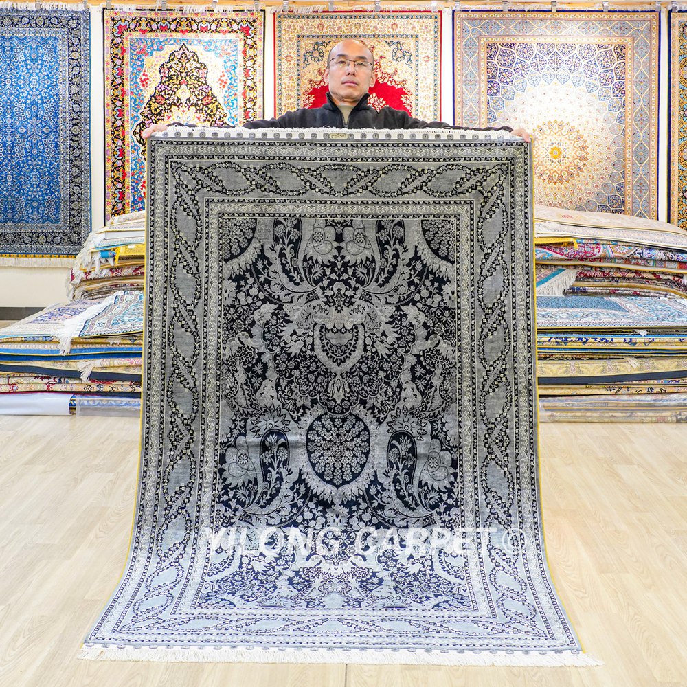 Turkish Rug Black Oriental Handmade Area Silk Rug 4x6ft - Image 2