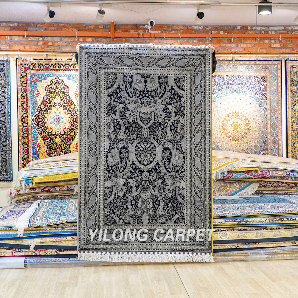 Turkish Rug Black Oriental Handmade Area Silk Rug 4x6ft