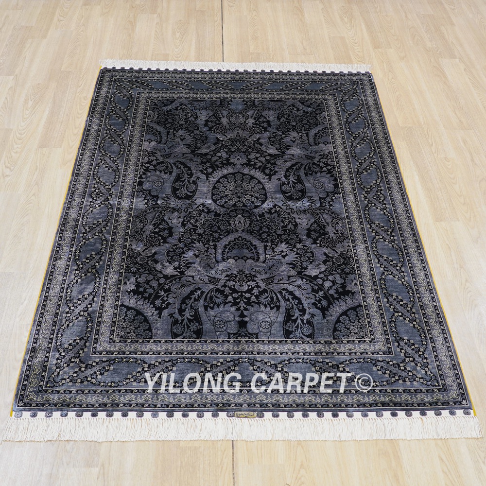 Turkish Rug Black Oriental Handmade Area Silk Rug 4x6ft - Image 3