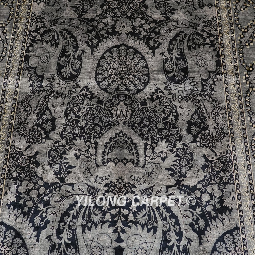 Turkish Rug Black Oriental Handmade Area Silk Rug 4x6ft - Image 4