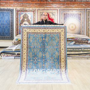 Turkish Rug Blue Seven Hill Flowers Oriental Handmade Area Silk Rug 4x6ft