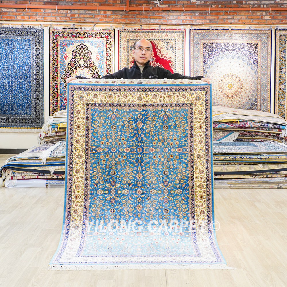 Turkish Rug Blue Seven Hill Flowers Oriental Handmade Area Silk Rug 4x6ft