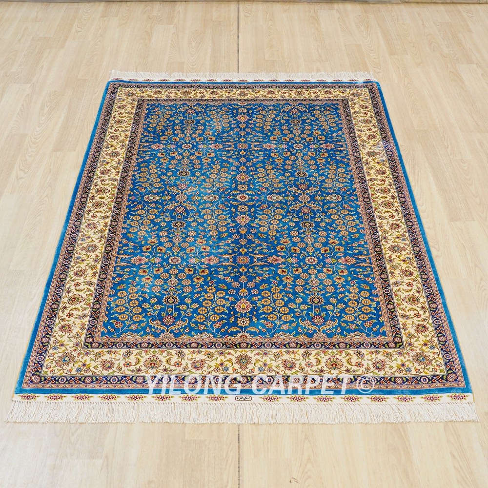 Turkish Rug Blue Seven Hill Flowers Oriental Handmade Area Silk Rug 4x6ft - Image 4