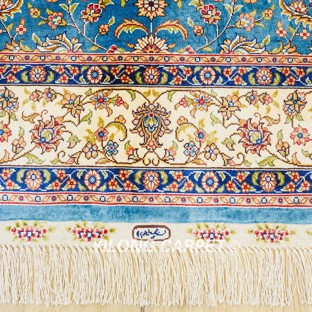 Turkish Rug Blue Seven Hill Flowers Oriental Handmade Area Silk Rug 4x6ft - Image 6