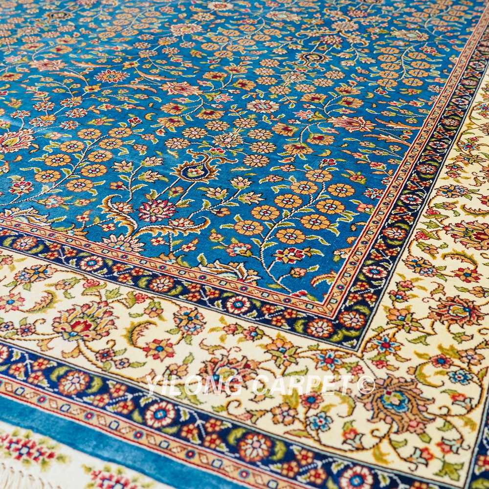 Turkish Rug Blue Seven Hill Flowers Oriental Handmade Area Silk Rug 4x6ft - Image 7