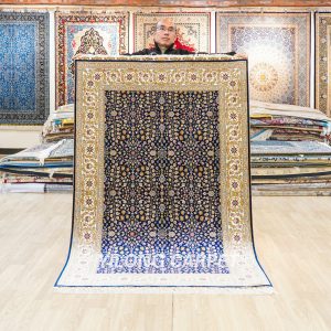 Turkish Silk Rug Dark Blue Seven Hill Flowers Oriental Handmade Area Silk Rug 4x6ft