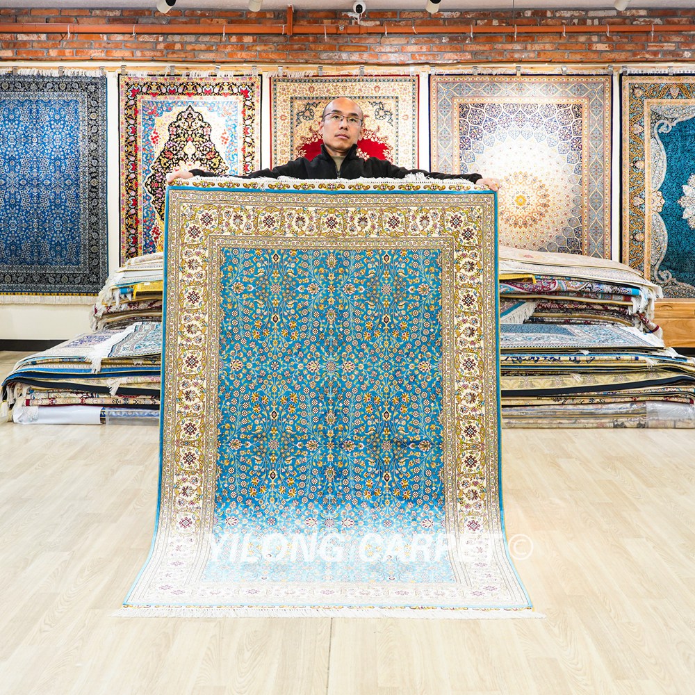 Turkish Rug Blue Seven Hill Flowers Oriental Handmade Area Silk Rug 4x6ft