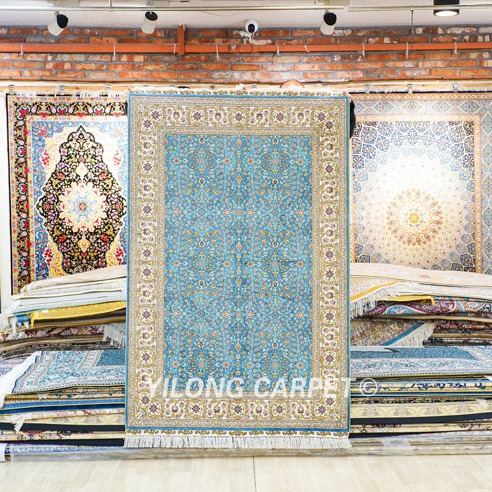 Turkish Rug Blue Seven Hill Flowers Oriental Handmade Area Silk Rug 4x6ft - Image 3