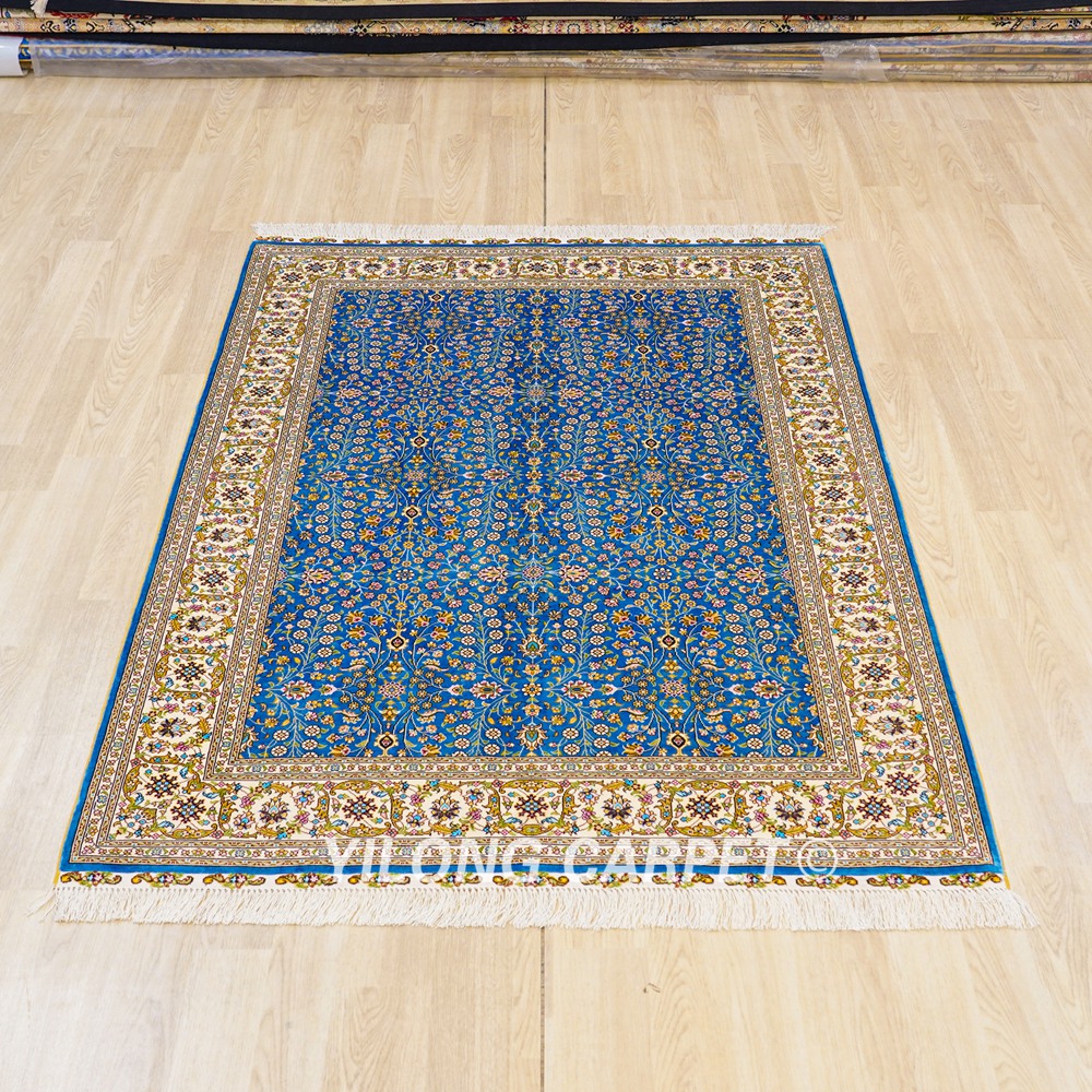 Turkish Rug Blue Seven Hill Flowers Oriental Handmade Area Silk Rug 4x6ft - Image 4