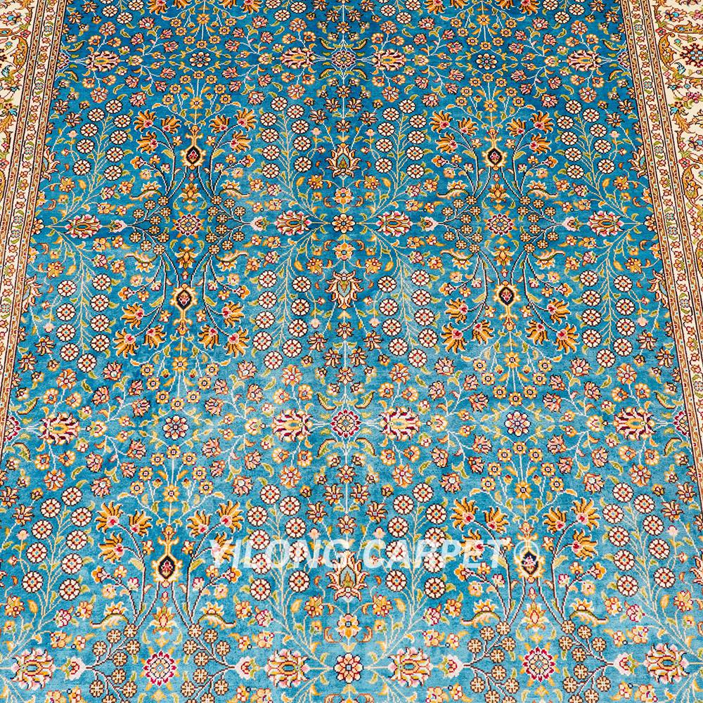 Turkish Rug Blue Seven Hill Flowers Oriental Handmade Area Silk Rug 4x6ft - Image 5