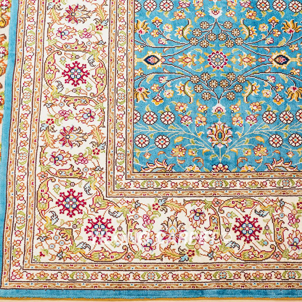 Turkish Rug Blue Seven Hill Flowers Oriental Handmade Area Silk Rug 4x6ft - Image 8