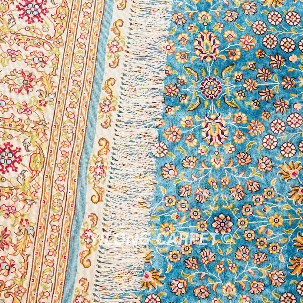 Turkish Rug Blue Seven Hill Flowers Oriental Handmade Area Silk Rug 4x6ft - Image 9