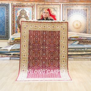 Turkish Silk Rug Red Seven Hill Flowers Oriental Handmade Area Silk Rug 4x6ft