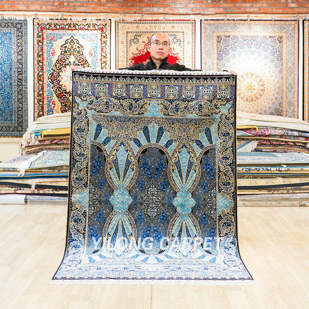 Turkish Silk Rug Blue Oriental Hand Knotted Area Silk Rug 4x6ft - Image 2