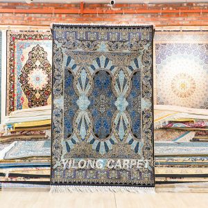 Turkish Silk Rug Blue Oriental Hand Knotted Area Silk Rug 4x6ft