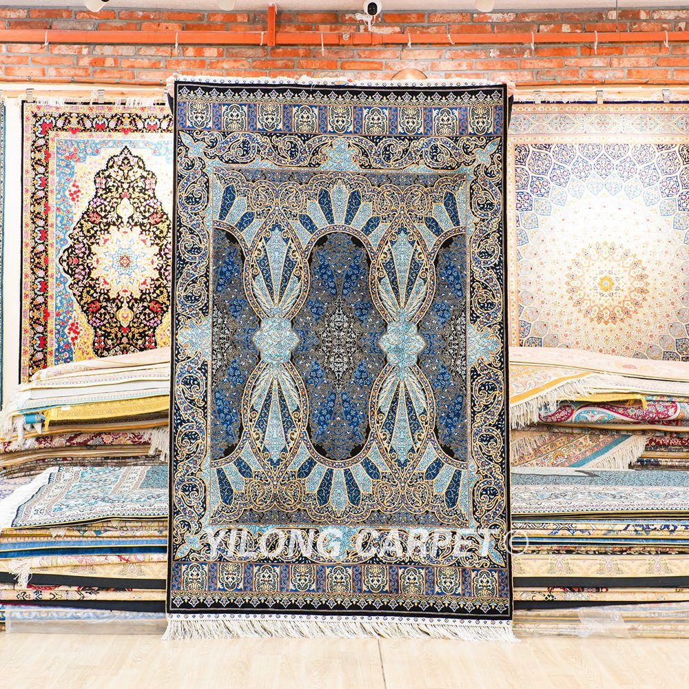 Turkish Silk Rug Blue Oriental Hand Knotted Area Silk Rug 4x6ft