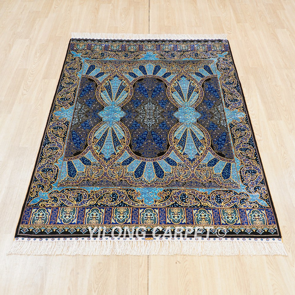 Turkish Silk Rug Blue Oriental Hand Knotted Area Silk Rug 4x6ft - Image 3