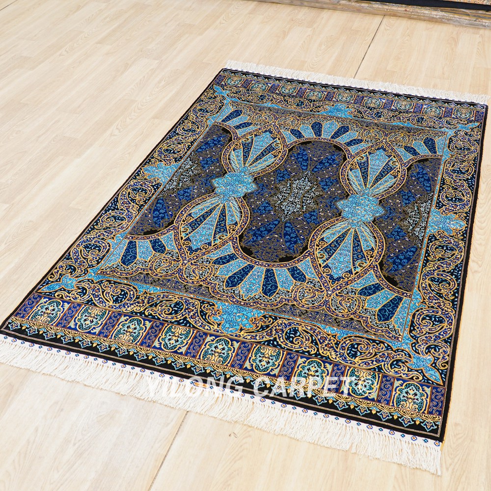 Turkish Silk Rug Blue Oriental Hand Knotted Area Silk Rug 4x6ft - Image 4