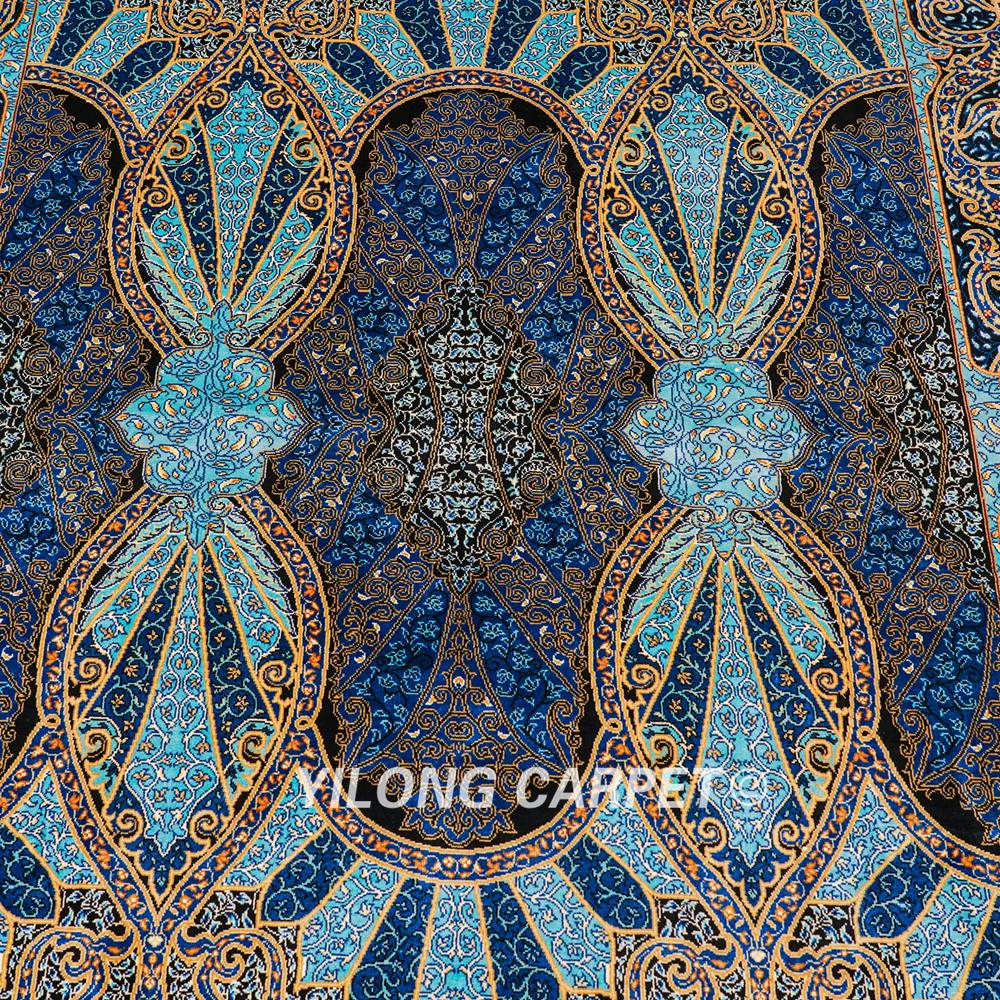 Turkish Silk Rug Blue Oriental Hand Knotted Area Silk Rug 4x6ft - Image 5