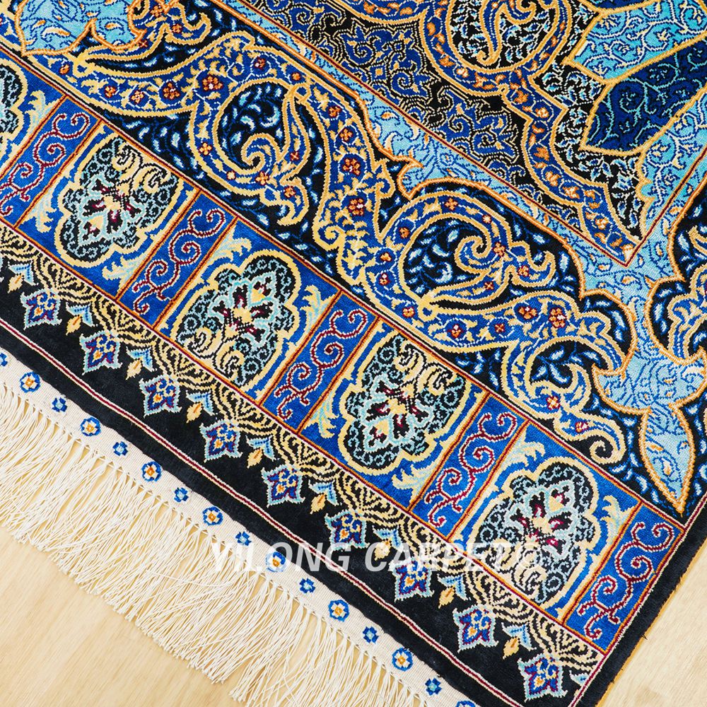 Turkish Silk Rug Blue Oriental Hand Knotted Area Silk Rug 4x6ft - Image 7