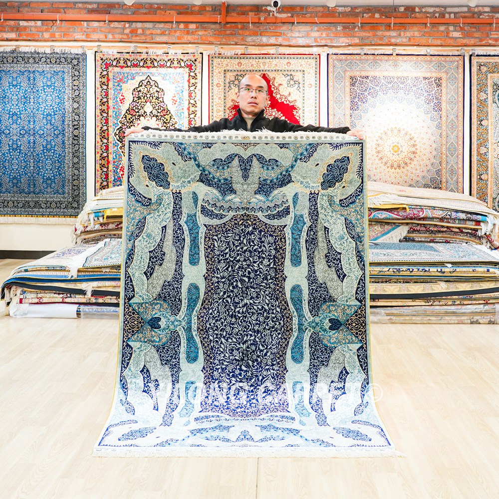 Turkish Silk Rug Blue Handmade Area Silk Rug 4x6ft